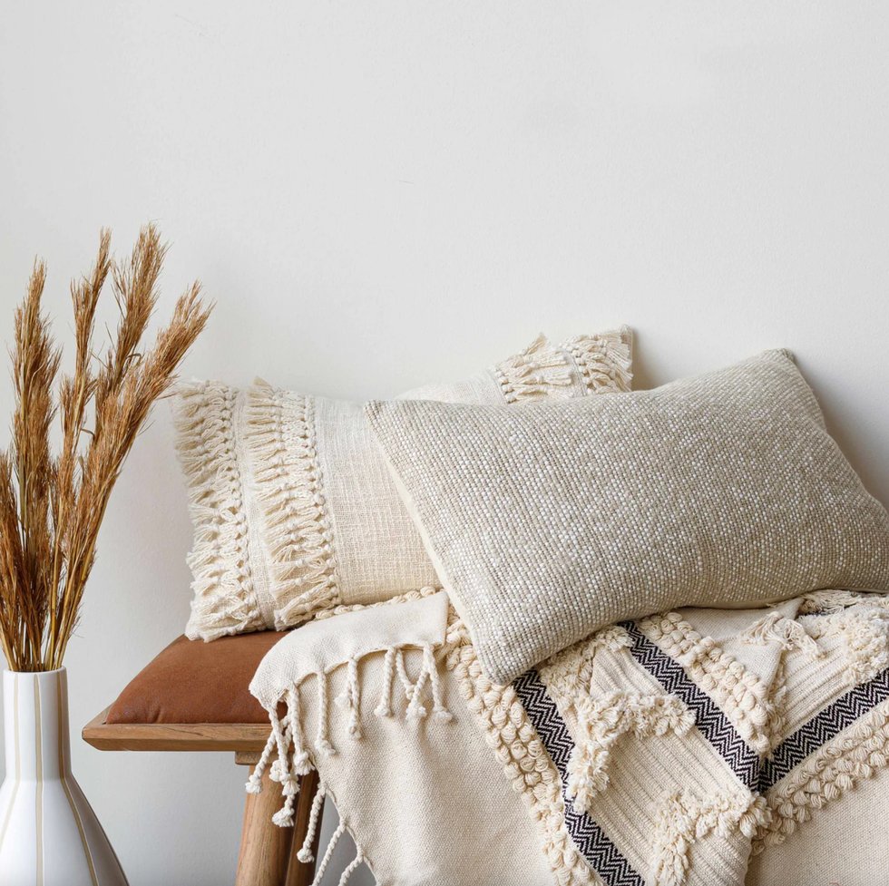 \u200bIvory Cotton Throw Blanket With Tassels