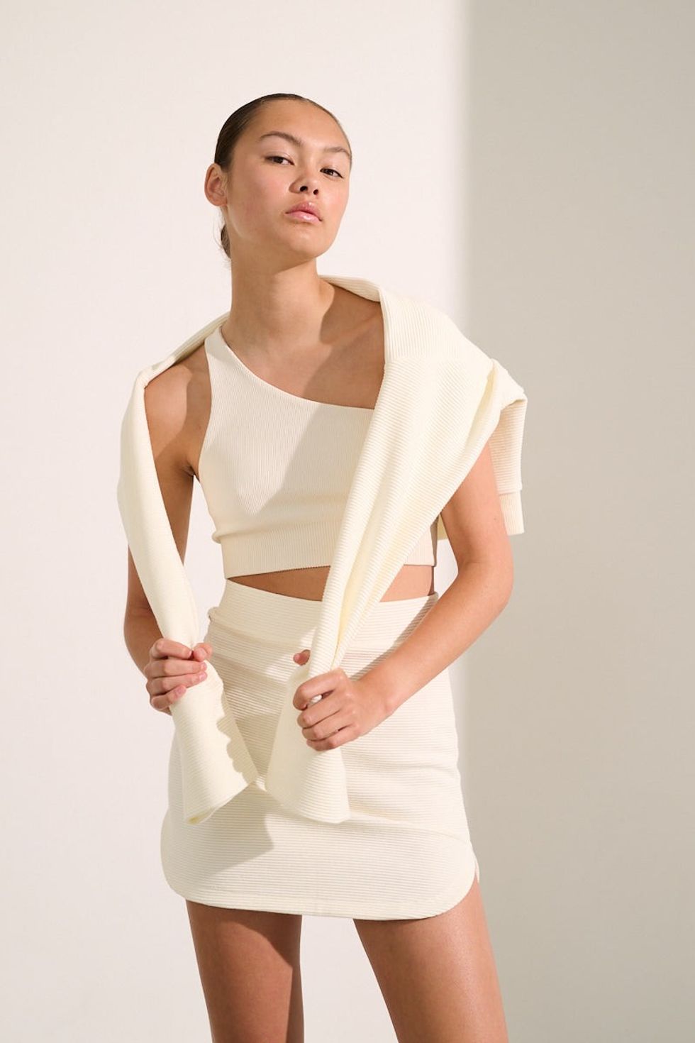 \u200bLune Active LUNA SCULPT One-Shoulder Rib Bra and High-Waisted Rib Shor