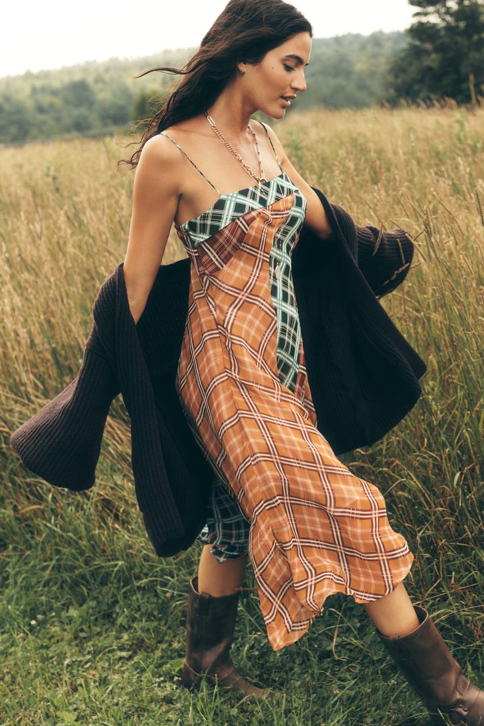 \u200bMaeve Sleeveless Asymmetric Plaid Mix Midi Dress