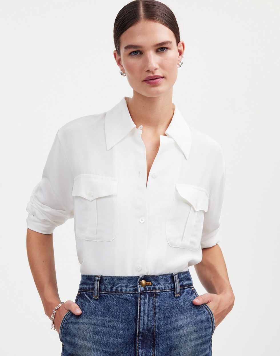\u200bPleat-Pocket Button-Up Shirt in Eyelet White