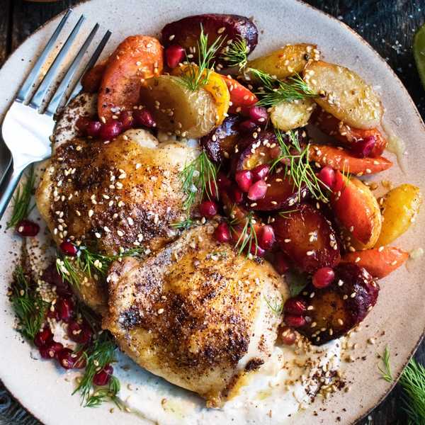 \u200bSpiced Chicken Thighs with Garlic Tahini Yogurt