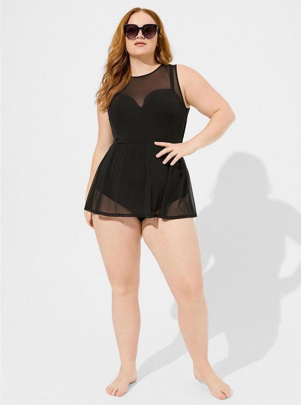 Underwire Long Mesh Overlay Swim Dress With Brief
