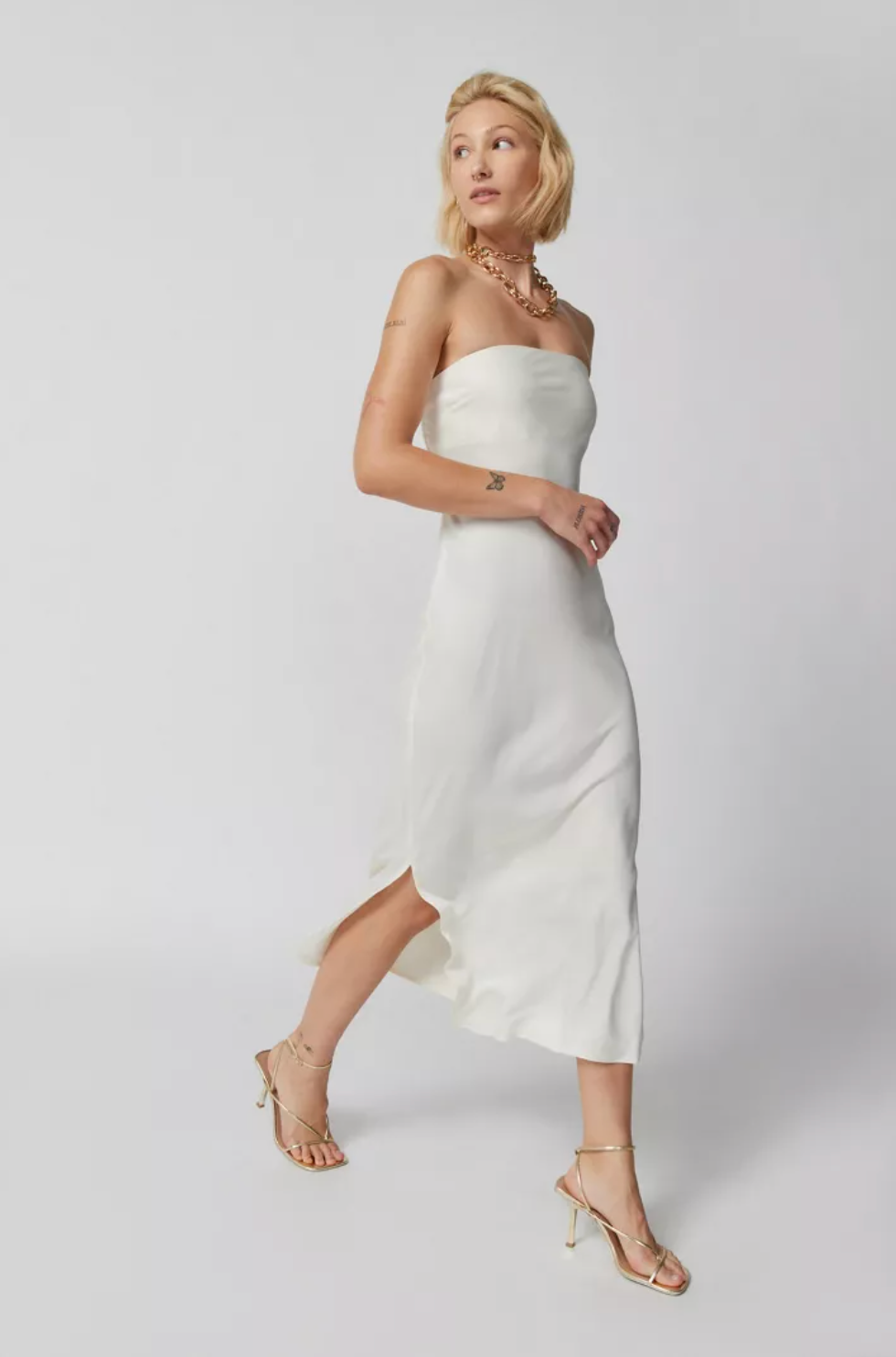 UO Rina Satin Strapless Midi Dress