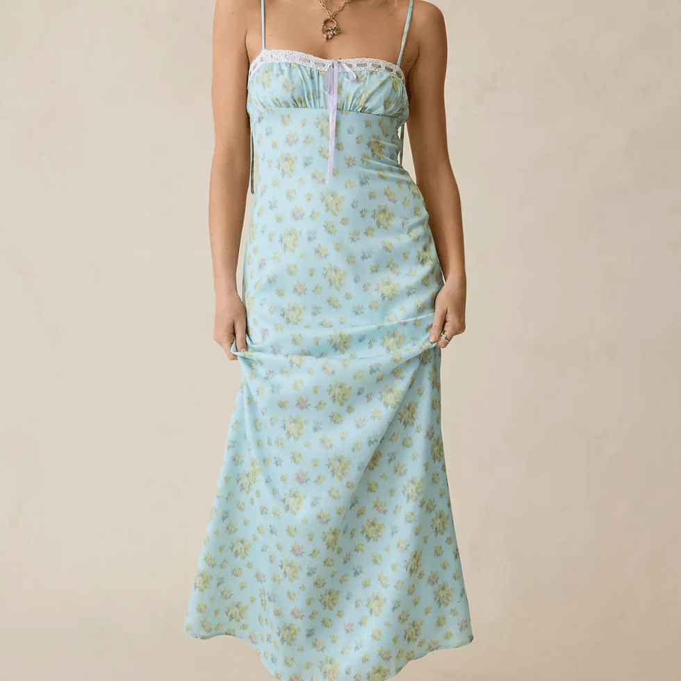 Urban Outfitters Tied With A Bow Lace + Ribbon Trim Satin Slip Maxi Dress