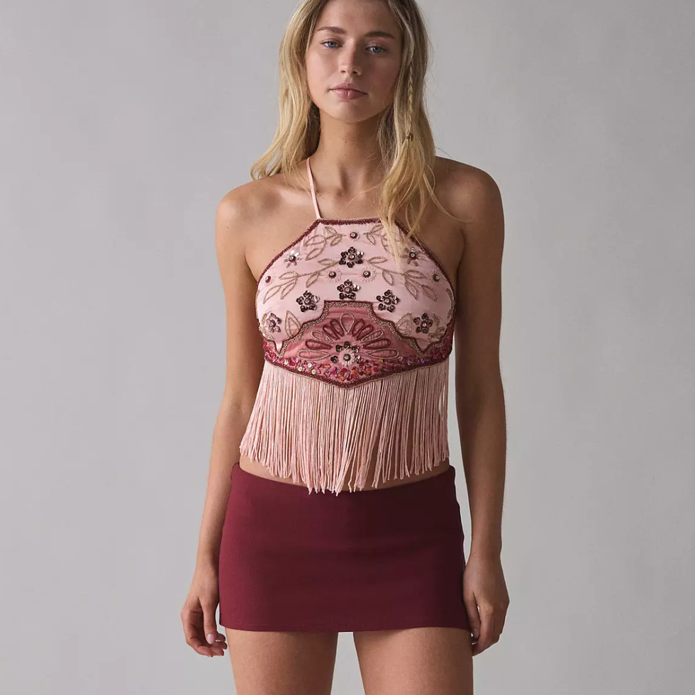 Urban Outfitters Zolli Embroidered Open-Back Fringe Halter Top