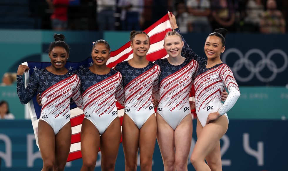 usa women's gymnastics team winning gold in the 2024 paris olympics