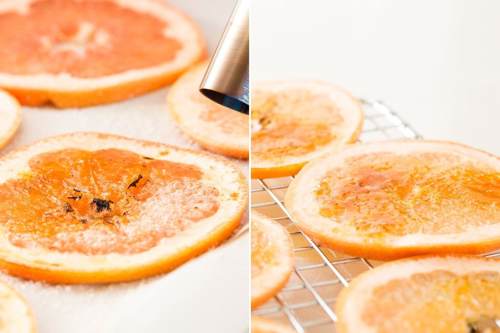 using a torch to brul\u00e9e the grapefruit slices