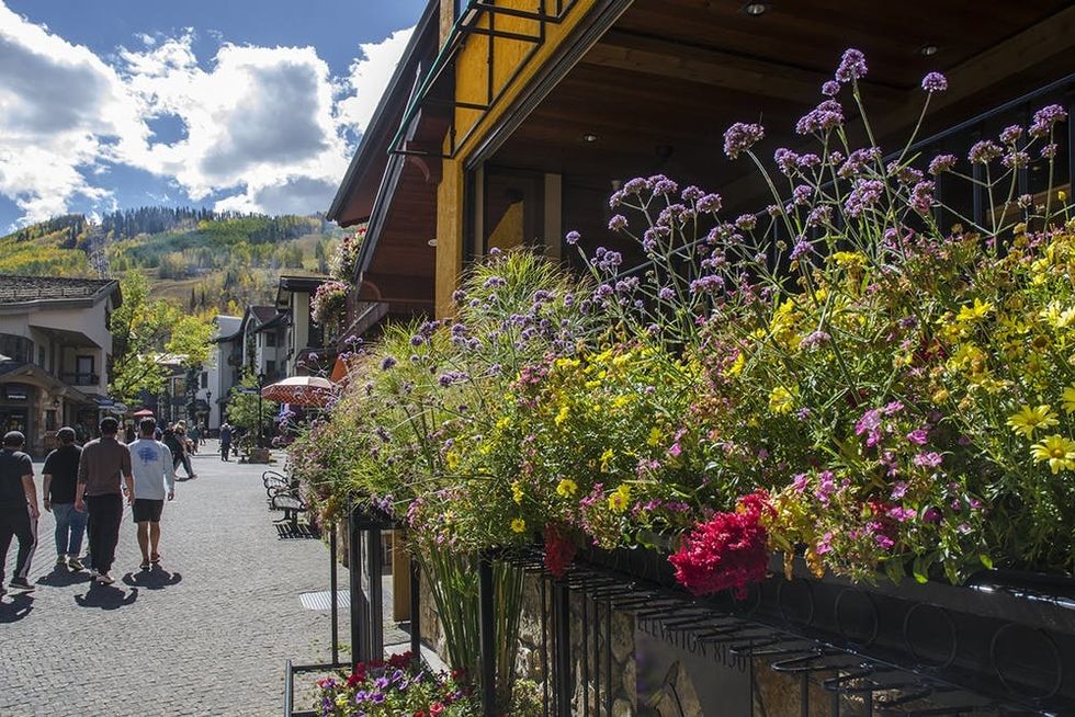 Vail, Colorado, USA - September 23, 2018: Residents and tourist walk and ride bikes on a beautiful Fall afternoon through the luxurious resorts, condominiums, chalets, shops and restaurants in the famous ski village of Vail, Colorado. The village was established in 1962 and built as the base village to Vail Ski Resort, with which it was originally conceived and is the third largest ski mountain in North America. Vail attracts wealthy visitors, many of whom, who build and purchase vacation homes and condominiums near the ski slopes. Street view of the village and Gore Creek Drive was taken in Vail, Colorado near the Eagle Bahn Gondola.
