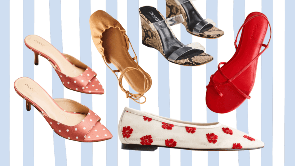 Various stylish women's shoes on a blue-striped background.