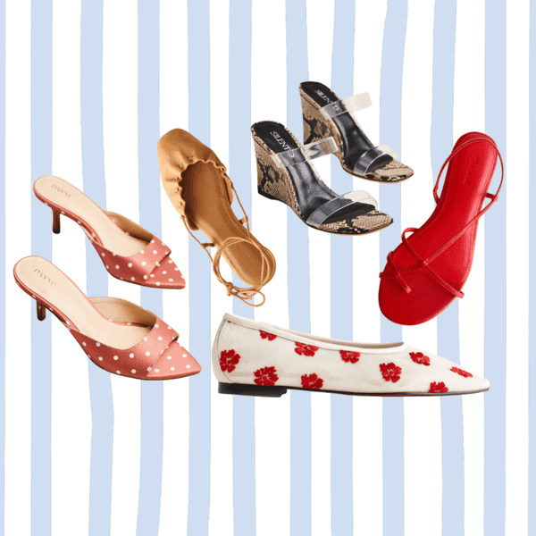 Various stylish women's shoes on a blue-striped background.