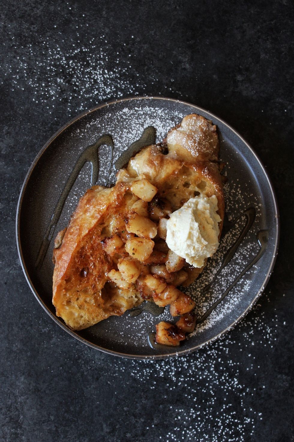 Vegan French Toast w/ Butter Rosemary Saut\u00e9ed Pear and Orange Cream Cheese Whip