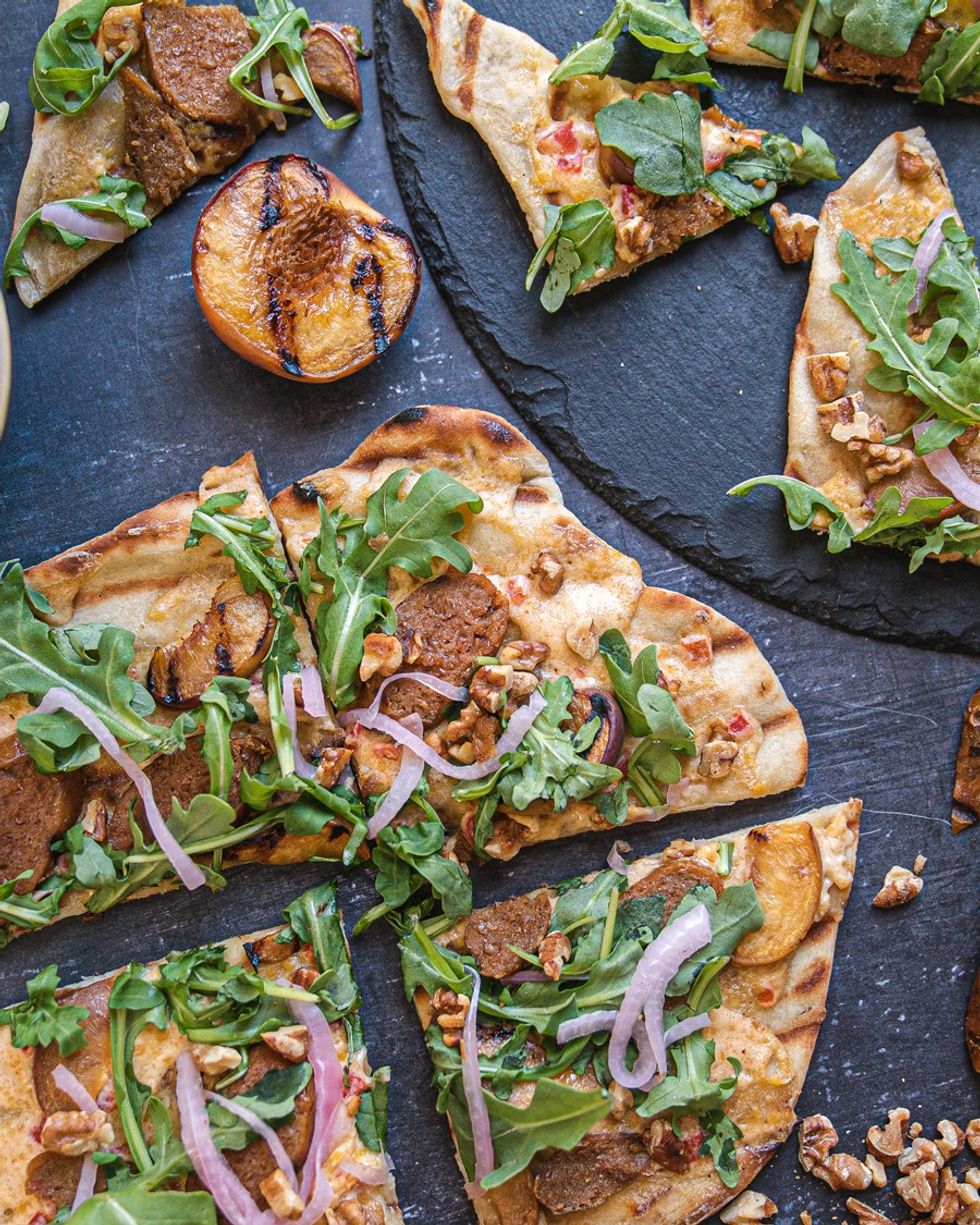 Vegan Grilled Peaches and Pimento Pizza