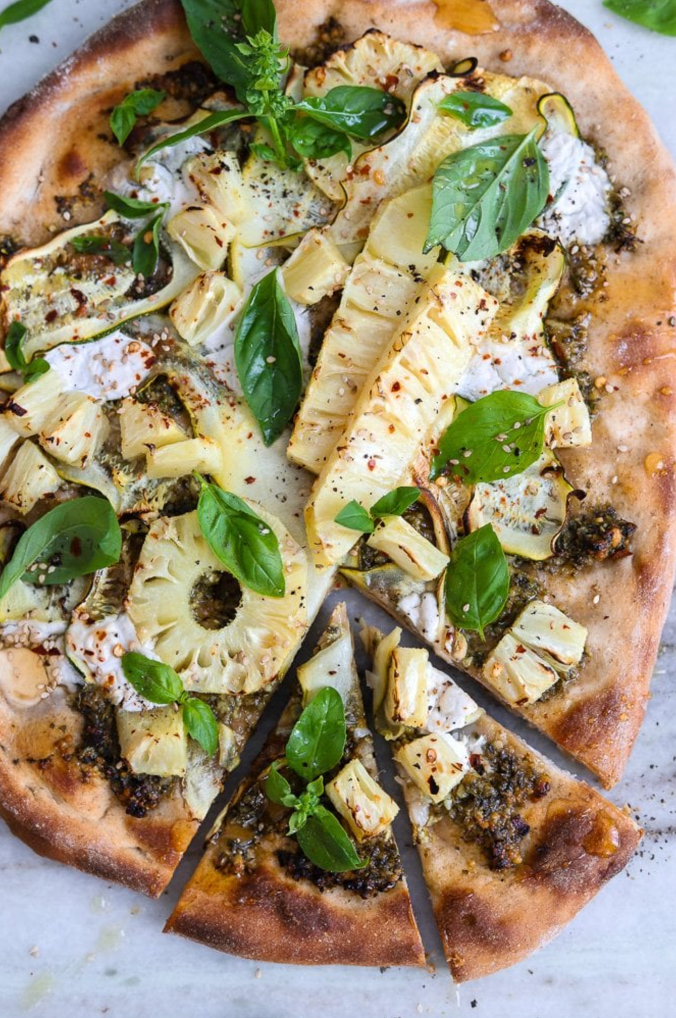 VEGAN PESTO ZUCCHINI AND PINEAPPLE PIZZA