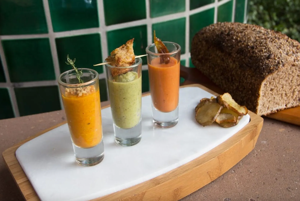 Vegan Soup Shooter Trio With Crispy Sunchoke Chips