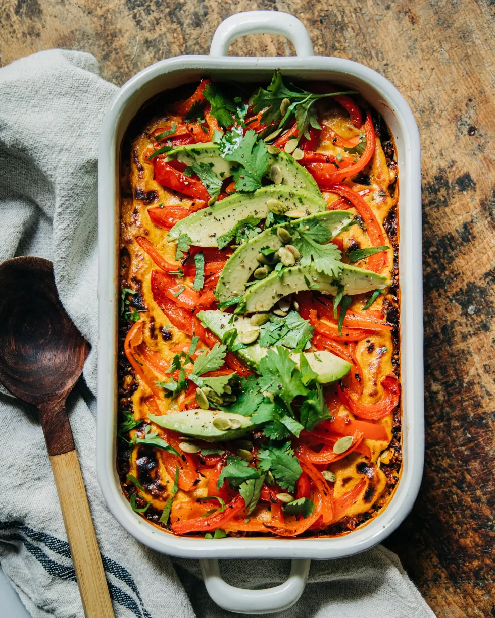 Vegan Stuffed Pepper Casserole with Spicy Sunflower "Cheese"