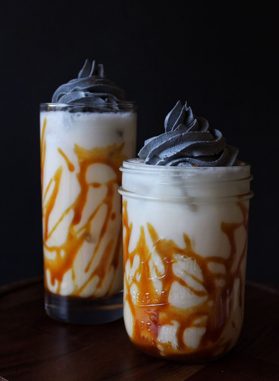Vegan Toasted Rice Horchata with Salted Caramel Drizzle & Coconut Charcoal Whipped Cream