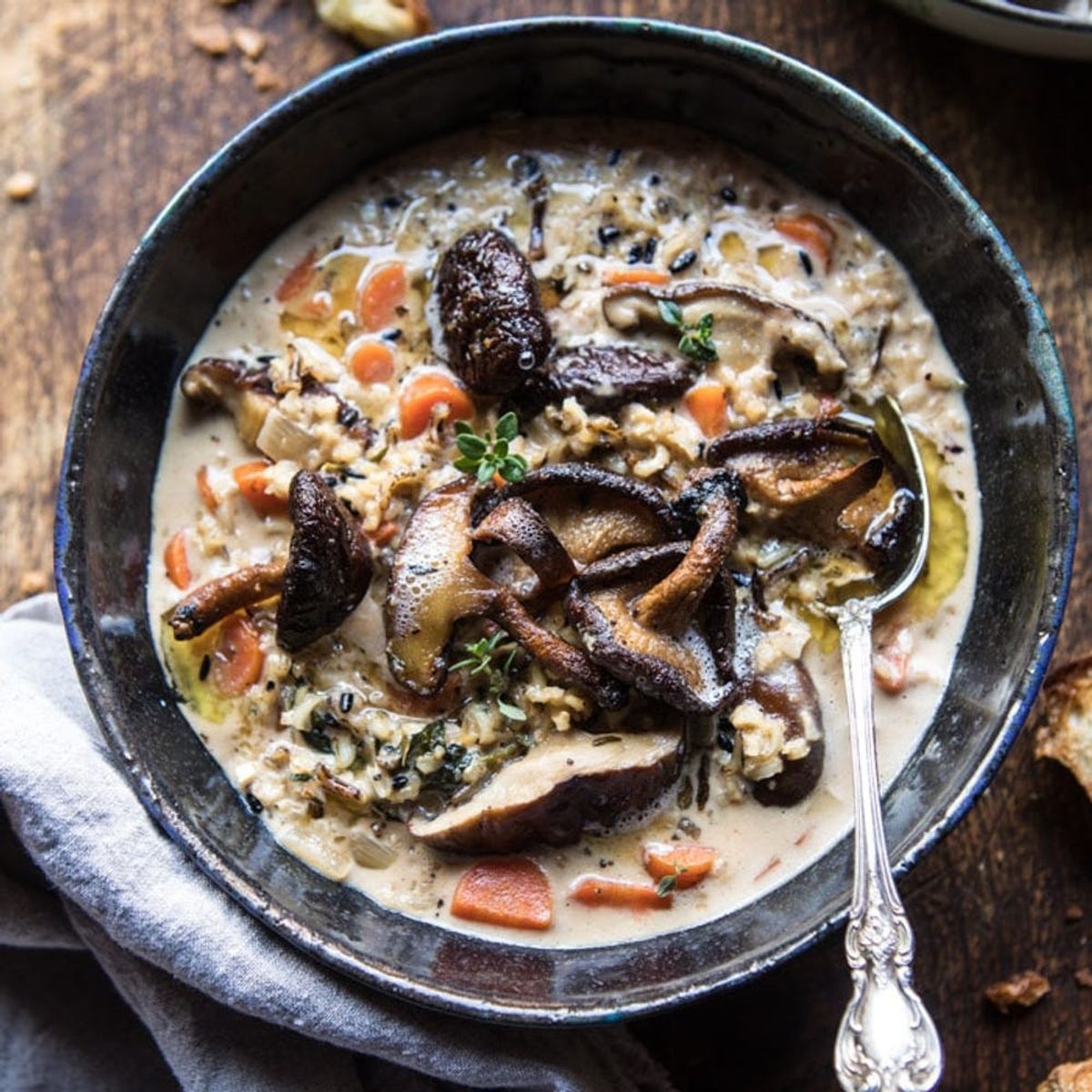 Vegetarian Crock-Pot Recipe of Creamy Wild Rice Soup With Roasted Buttered Mushrooms