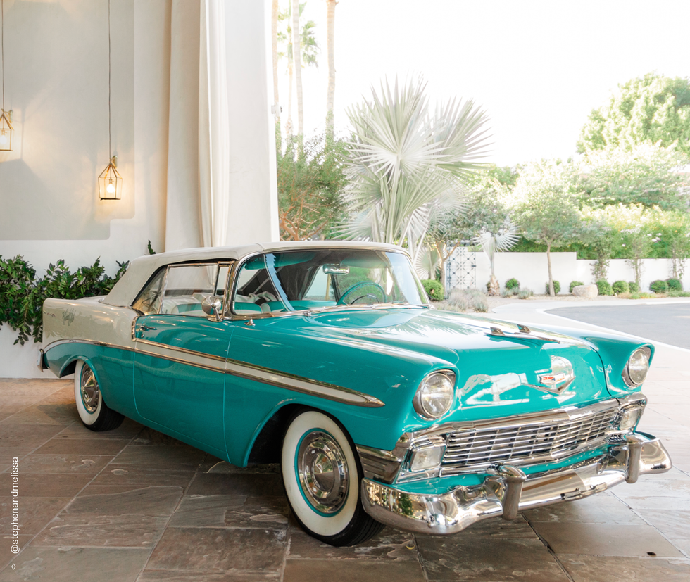 Vintage turquoise convertible car parked in front of a landscaped garden.