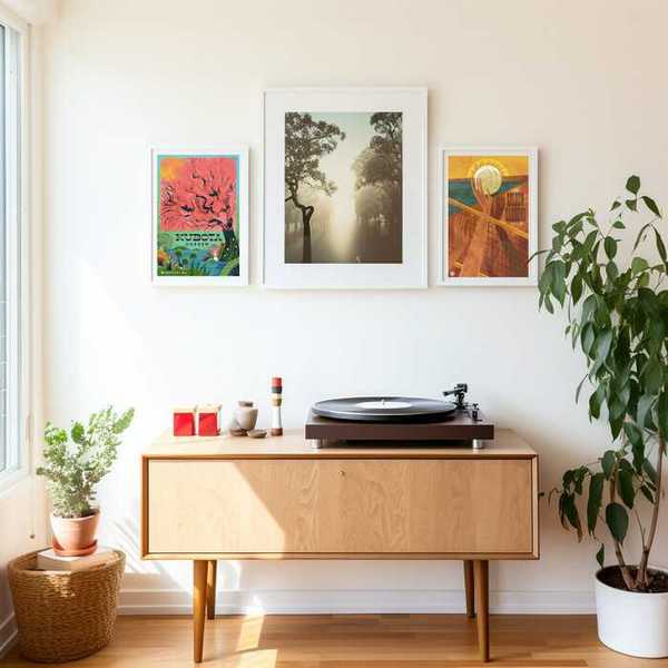 Vinyl record player on a wooden console, art frames, and potted plants in a sunlit room.