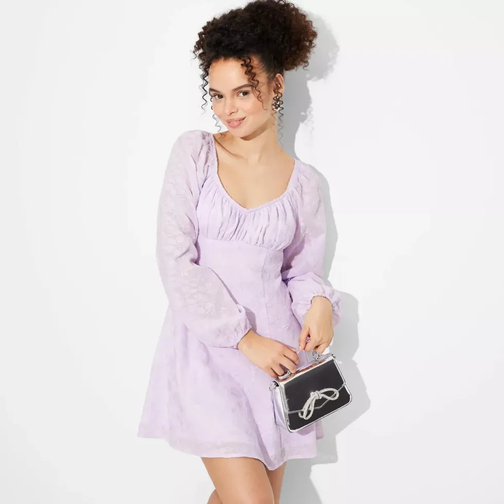 violet mini dress with puff sleeves