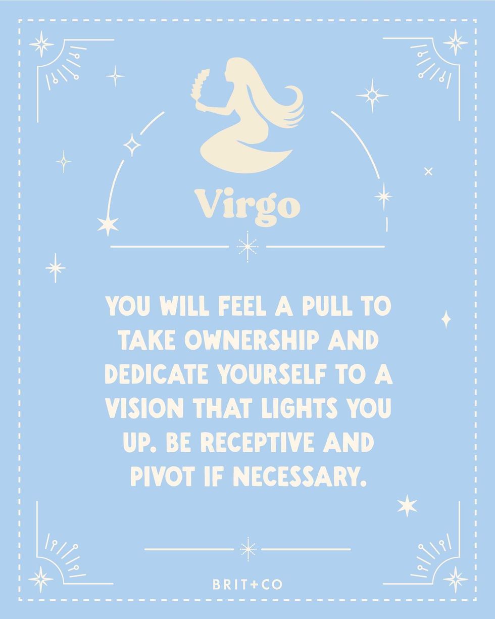Virgo horoscope on light blue background with stars and text about dedication and vision.