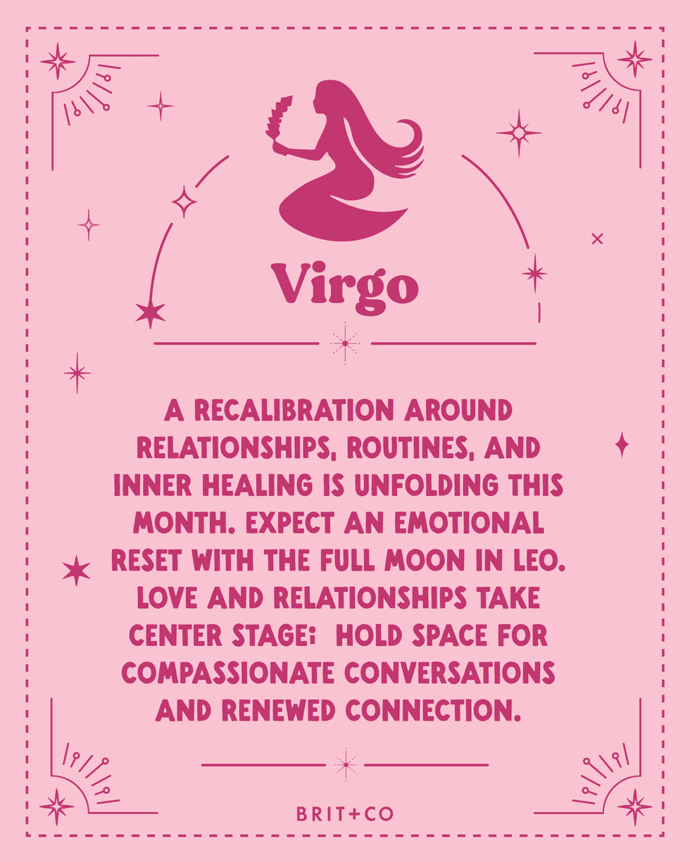 Virgo horoscope with text on relationships and emotional reset, pink background.