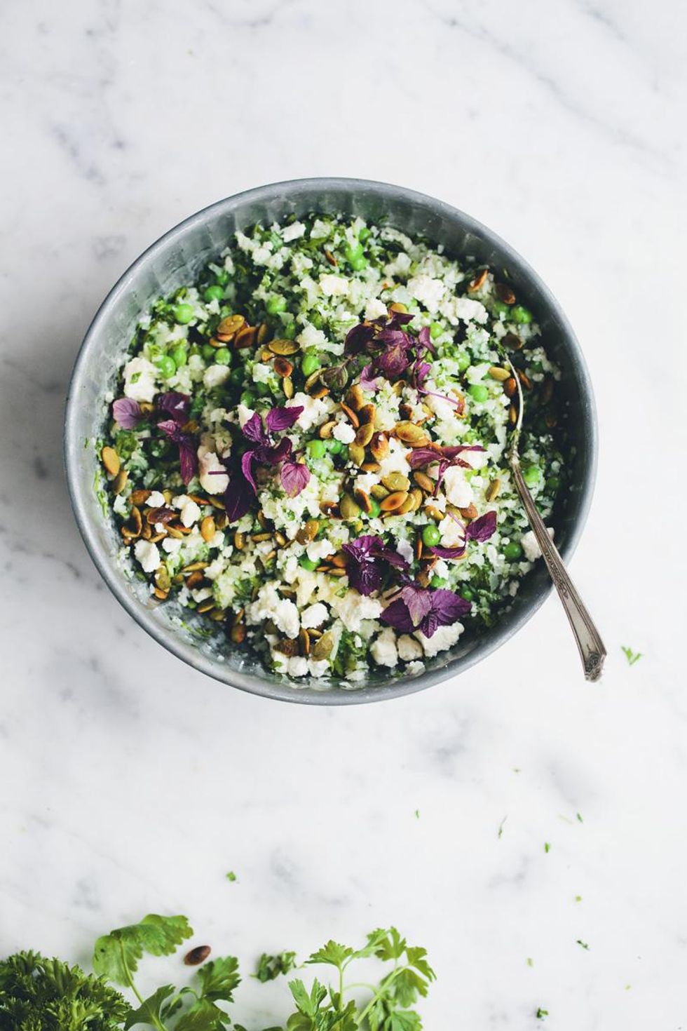 Warm Cauliflower Couscous Salad with Green Peas and Herbs