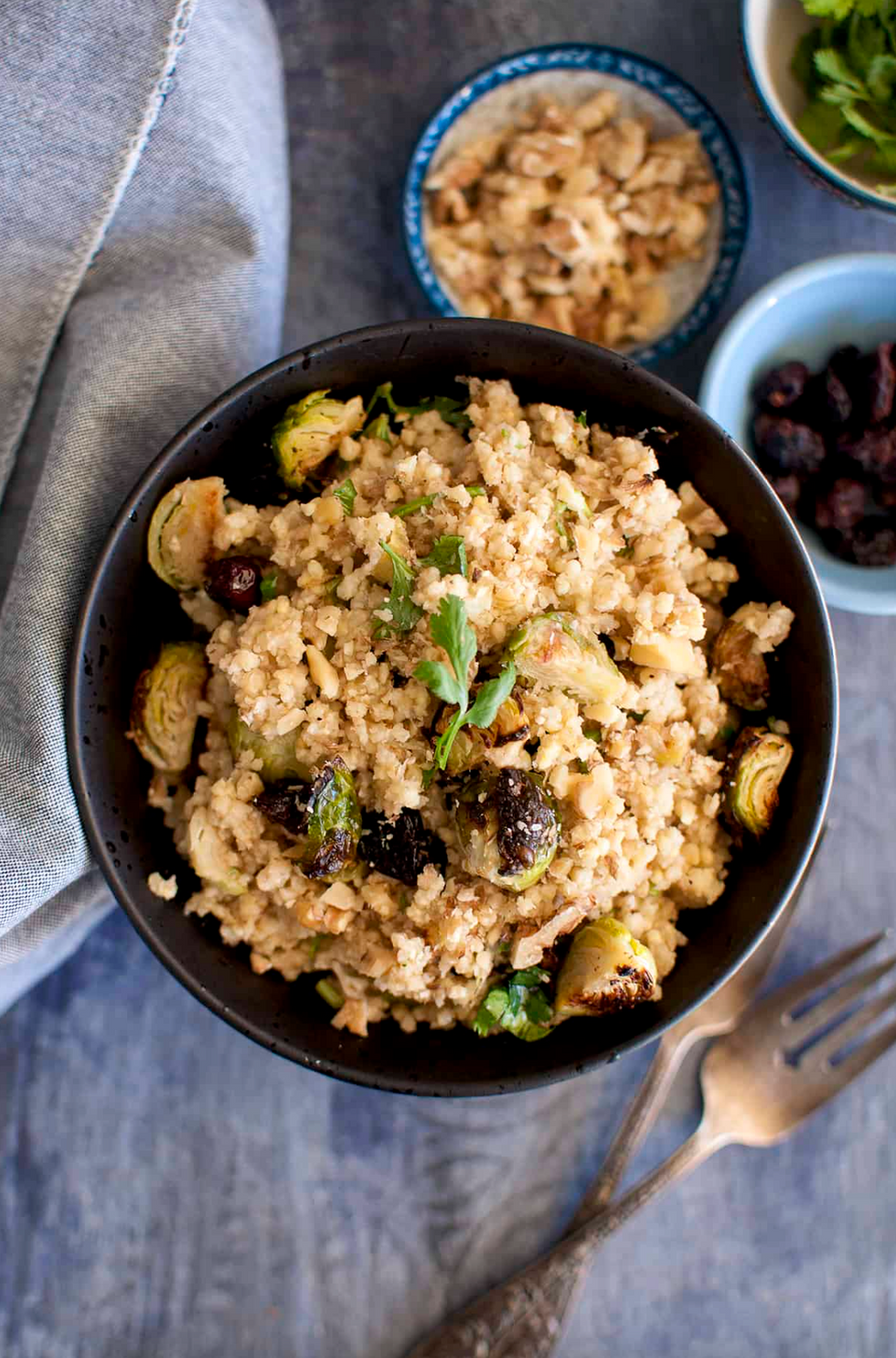 Warm Millet Salad with Brussels Sprouts, Dried Cranberries and Walnuts