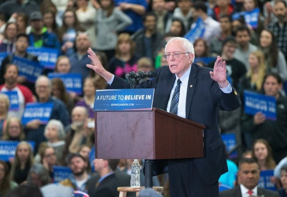 WARREN, MI - MARCH 05: Democratic presidential candidate Senator Bernie Sanders (D-VT) speaks to guests during a rally at Macomb Community College on March 5, 2016 in Warren, Michigan. Voters in Michigan will go to the polls on March 8 to vote in their state's primary. (Photo by Scott Olson/Getty Images)