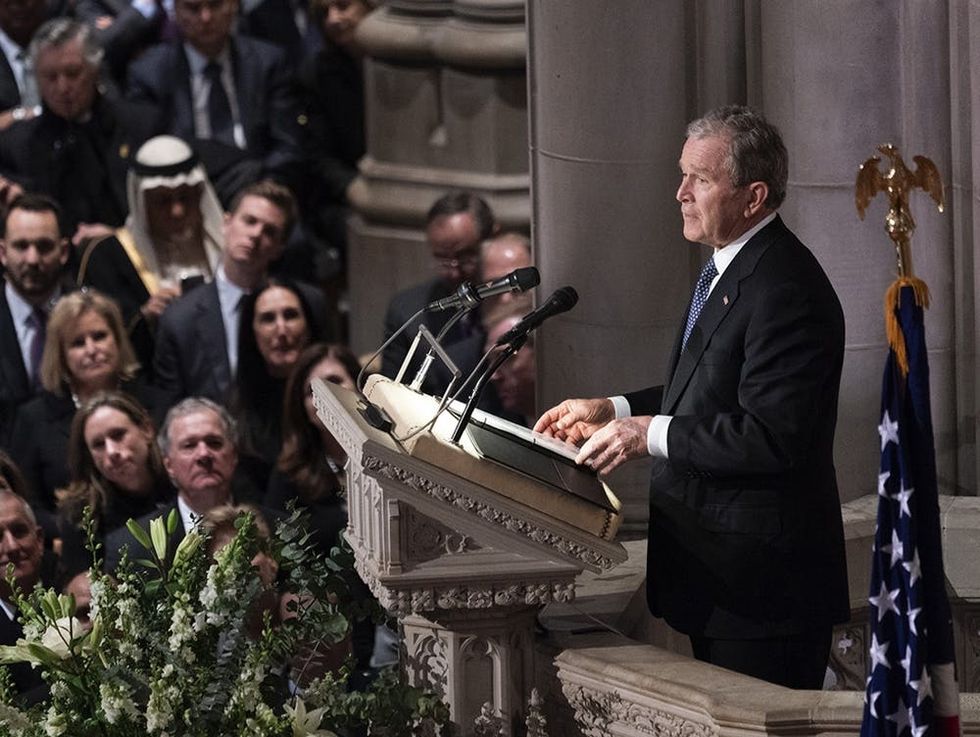 WASHINGTON, DC - DECEMBER 05: (AFP- OUT)Former President George W. Bush provides a eulogy at the state funeral service of his father, former President George H.W. Bush at the National Cathedral, on December 5, 2018 in Washington, DC. President Bush will be buried at his final resting place at the George H.W. Bush Presidential Library at Texas A