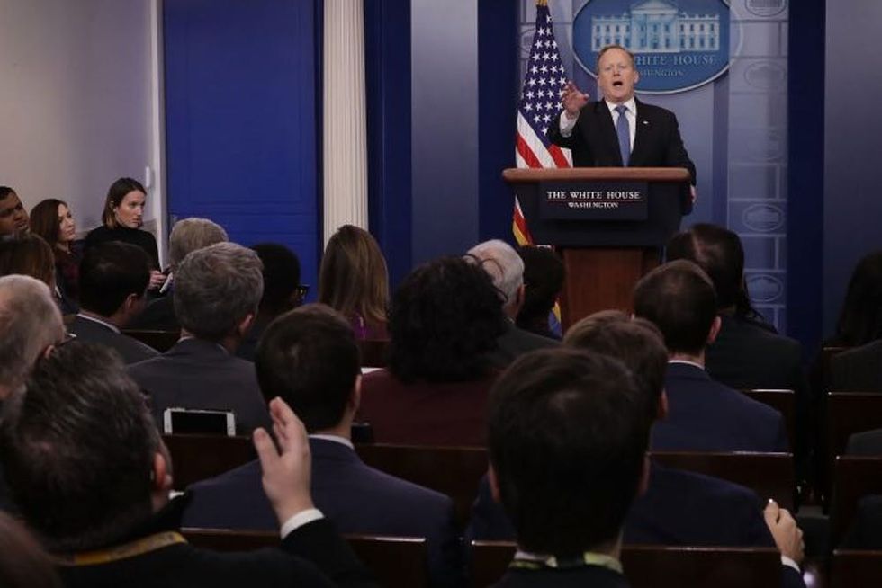 WASHINGTON, DC - FEBRUARY 09: White House Press Secretary Sean Spicer goes back-and-forth with reporters in the Brady Press Briefing Room at the White House February 9, 2017 in Washington, DC. Spicer said the news media has made a bigger deal of President Donald Trump's criticism of the judiciary than President Barack Obama's criticism of the Supreme Court. (Photo by Chip Somodevilla/Getty Images)