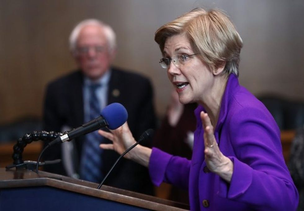 WASHINGTON, DC - FEBRUARY 16: Sen. Elizabeth Warren (D-MA) speaks at a news conference on the Social Security system February 16, 2017 in Washington, DC. The news conference, hosted by Social Security Works, was held to mark "the day that millionaires stop paying into Social Security for the rest of the year" and to "demand that the wealthiest pay their fair share into Social Security." (Photo by Win McNamee/Getty Images)