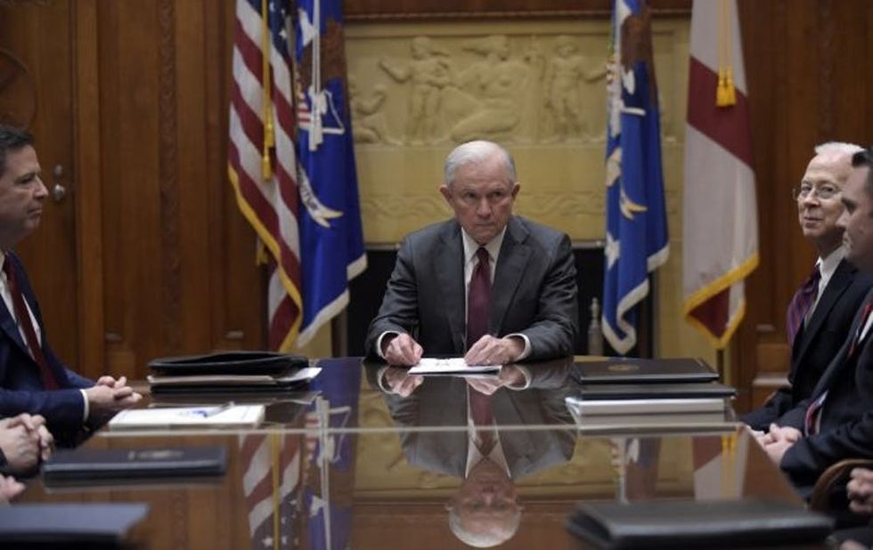 WASHINGTON, DC - FEBRUARY 9: Attorney General Jeff Sessions , center, holds a meeting with the heads of federal law enforcement components at the Department of Justice February 9, 2017 in Washington, DC. Earlier in the day Sessions was sworn in by Vice President Mike Pence. (Photo by Susan Walsh-Pool/Getty Images)