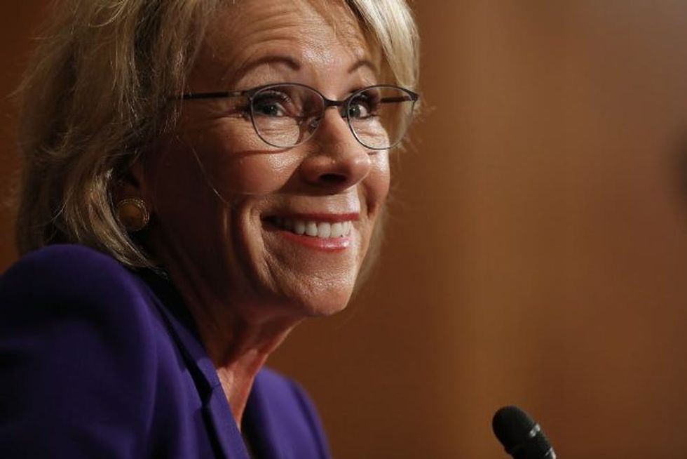 WASHINGTON, DC - JANUARY 17: Betsy DeVos, President-elect Donald Trump's pick to be the next Secretary of Education, testifies during her confirmation hearing before the Senate Health, Education, Labor and Pensions Committee in the Dirksen Senate Office Building on Capitol Hill January 17, 2017 in Washington, DC. DeVos is known for her advocacy of school choice and education voucher programs and is a long-time leader of the Republican Party in Michigan. (Photo by Chip Somodevilla/Getty Images)