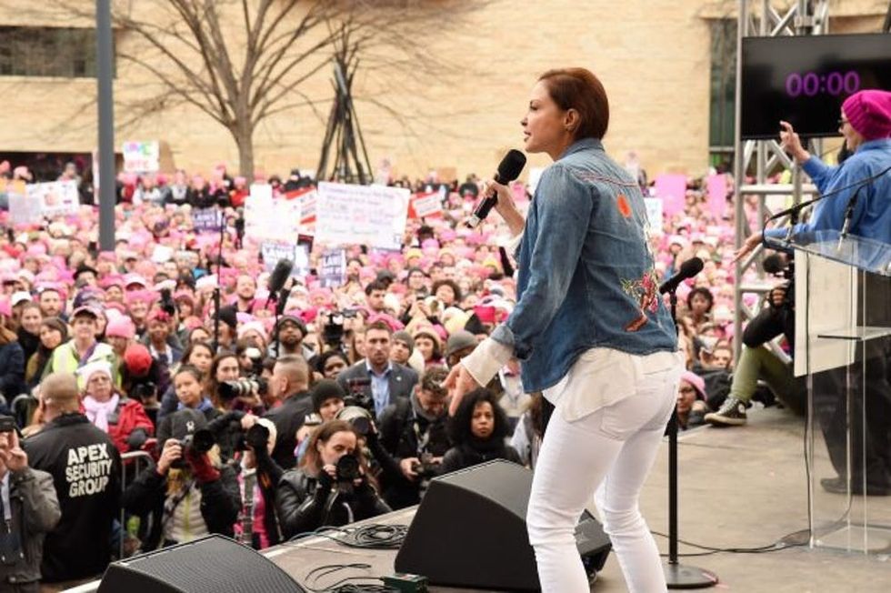WASHINGTON, DC - JANUARY 21: Ashley Judd appears onstage during the rally at the Women's March on Washington on January 21, 2017 in Washington, DC. (Photo by Kevin Mazur/WireImage)