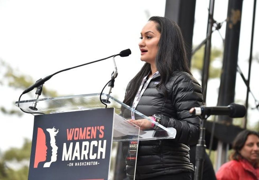 WASHINGTON, DC - JANUARY 21: Carmen Perez speaks onstage during the Women's March on Washington on January 21, 2017 in Washington, DC. (Photo by Theo Wargo/Getty Images)