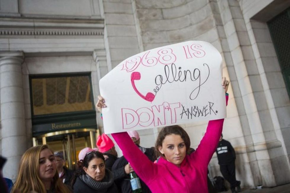 WASHINGTON, DC - JANUARY 21: Demonstrators arrive at Union Station for the Women's March on Washington on January 21, 2017 in Washington, DC. Yesterday Donald Trump became the 45th president of the United States. The Womens March originated in Washington DC but soon spread to be a global march calling on all concerned citizens to stand up for equality, diversity and inclusion and for womens rights to be recognised around the world as human rights. Global marches are now being held, on the same day, across seven continents. (Photo by Jessica Kourkounis/Getty Images)