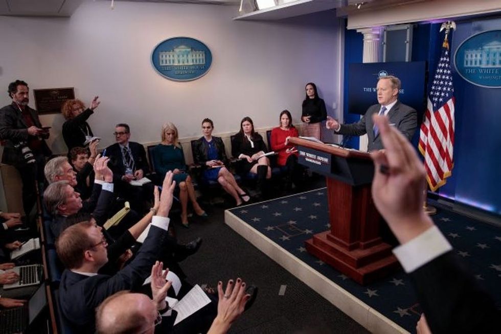 WASHINGTON, DC - JANUARY 30: White House Press Secretary Sean Spicer answers questions during the daily press briefing at the White House, January 30, 2017 in Washington, DC. U.S. President Donald Trump announced Monday that he will reveal his 'unbelievably highly respected' pick to replace the late Supreme Court Antonin Scalia on Tuesday evening. (Photo by Drew Angerer/Getty Images)