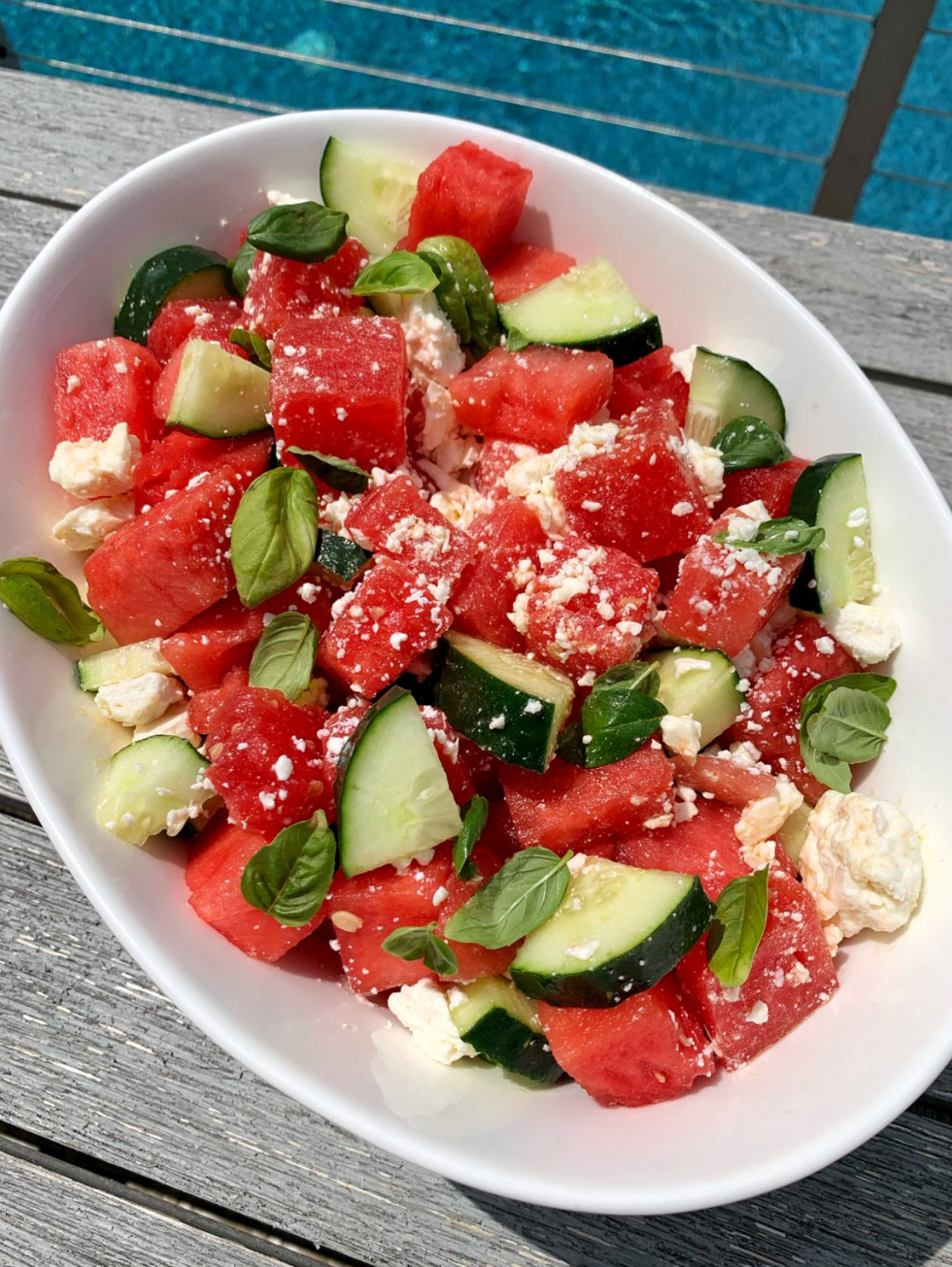 Watermelon Salad with Feta, Cucumber, and Basil recipe