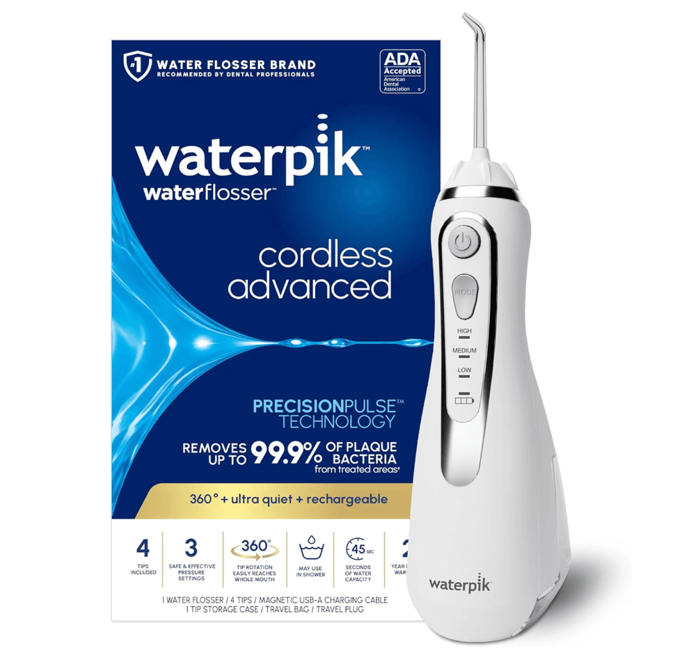 Waterpik Cordless Advanced Water Flosser with packaging, highlighting features and benefits.