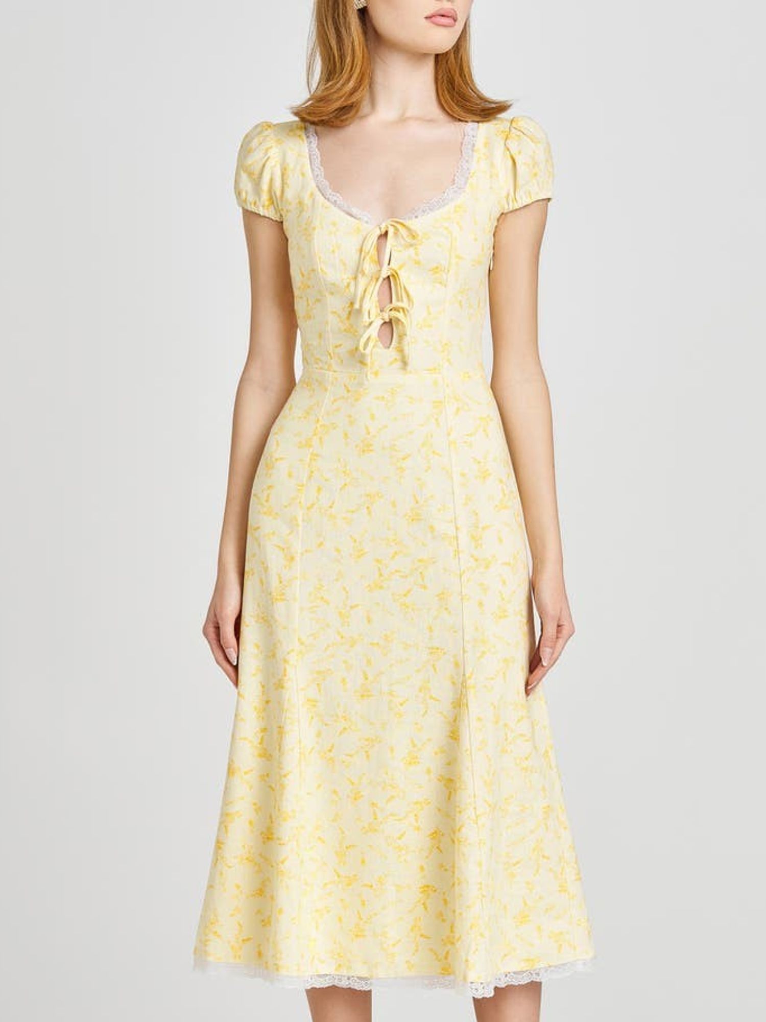 WAYF Cara Floral Cap Sleeve Linen Blend Midi Dress