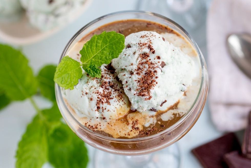 We Just Upgraded Our Affogato Recipe For St Paddy's Day With Boozy Irish Coffee And Mint Choc Chip Ice Cream!