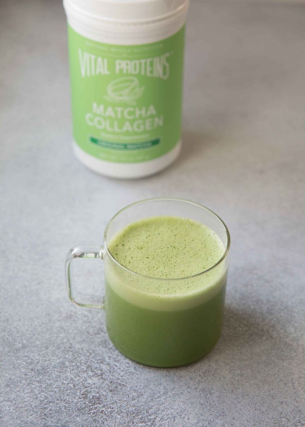 We made a matcha latte using matcha collagen for our next taste test. 