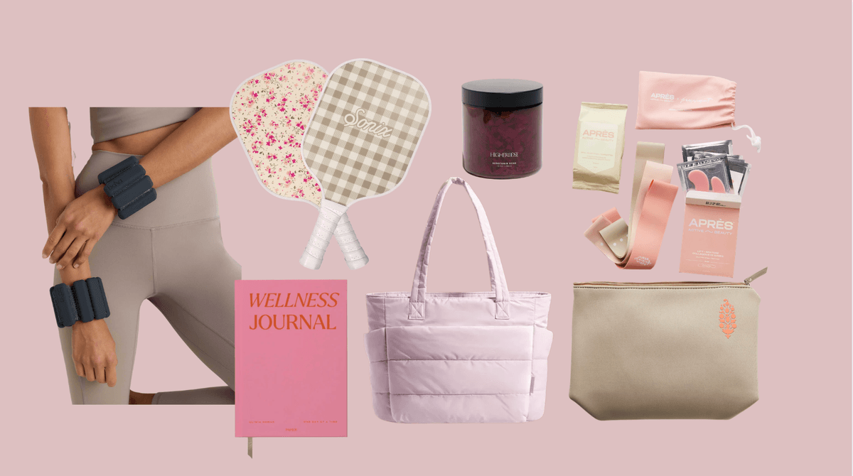 Wellness items collage: weights, journal, bag, paddle, candle, and beauty products on pink background.