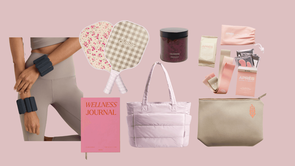 Wellness items collage: weights, journal, bag, paddle, candle, and beauty products on pink background.