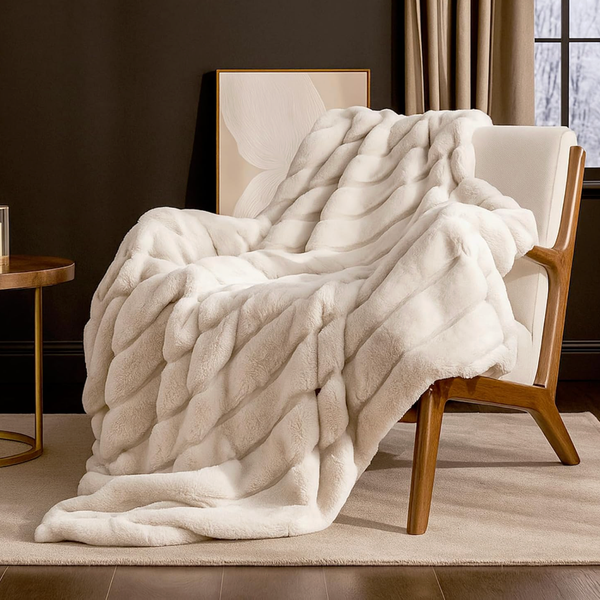 White faux fur throw draped over a modern armchair near a window and side table.