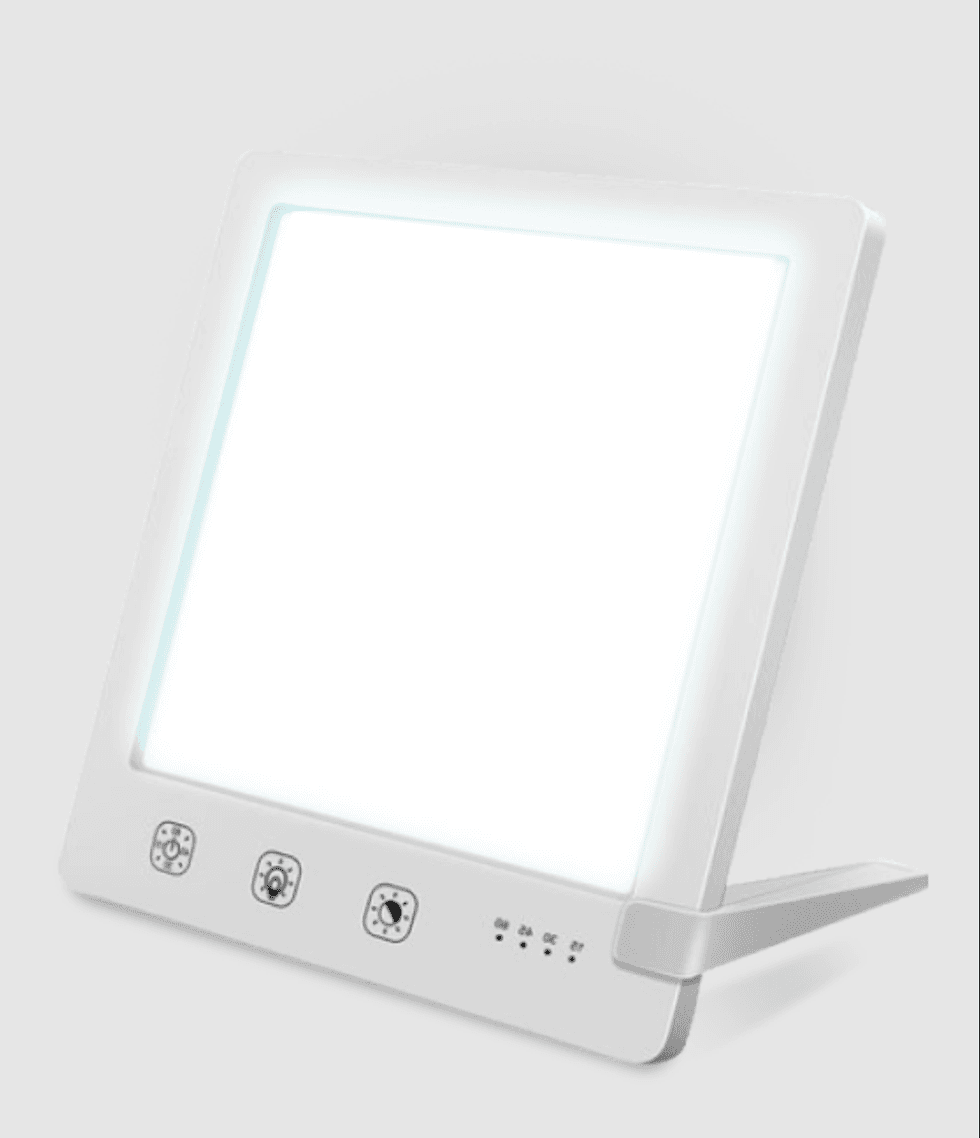 White LED therapy light with adjustable settings on a stand.
