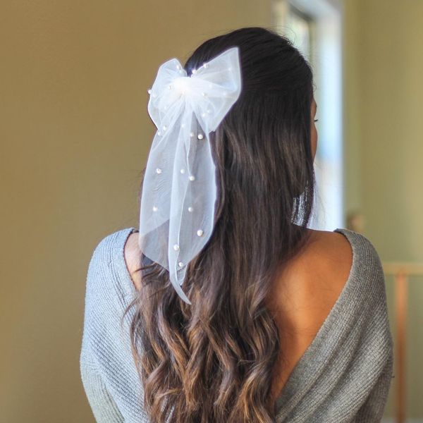 white pearl tulle bow