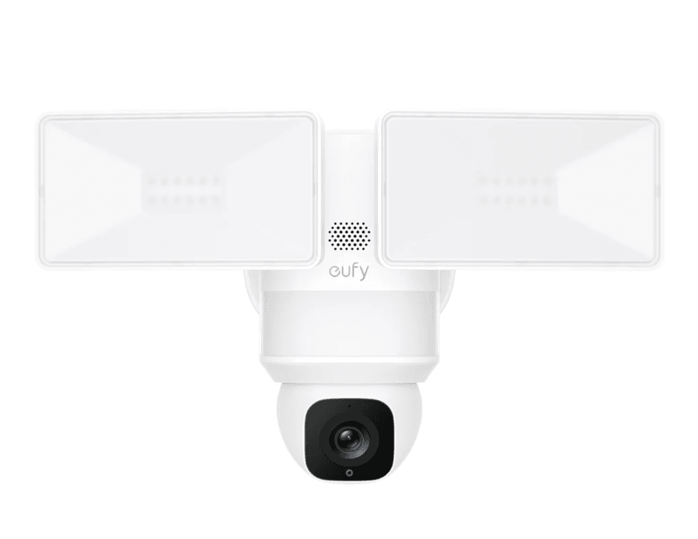 White security camera with dual rectangular LED lights.