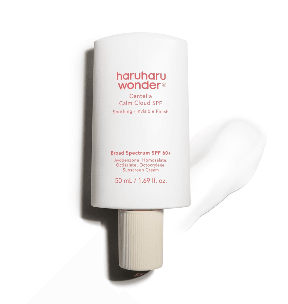 White sunscreen bottle labeled "haruharu wonder Centella Calm Cloud SPF."